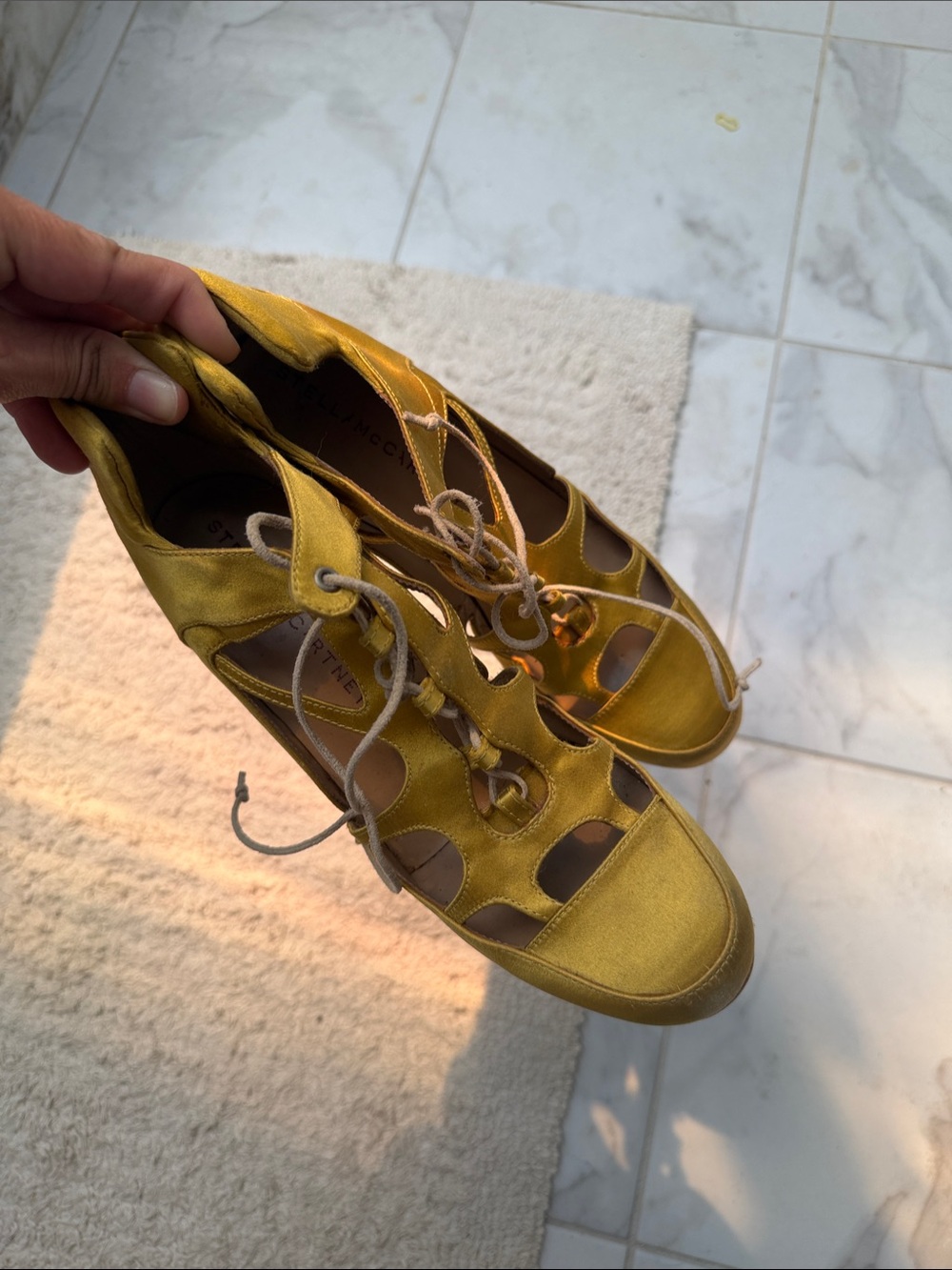 Stella McCartney Gold Satin Lace-Up Cutout Heels